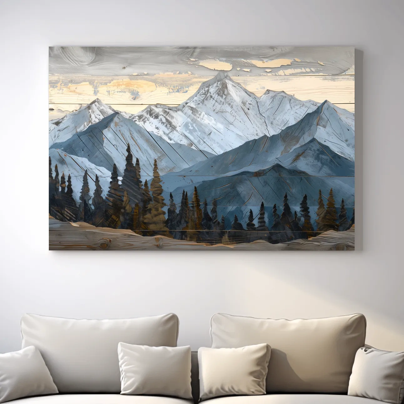 Alpine Forest Mountain Range Artwork - Rustic Woodgrain Landscape Wall Art
