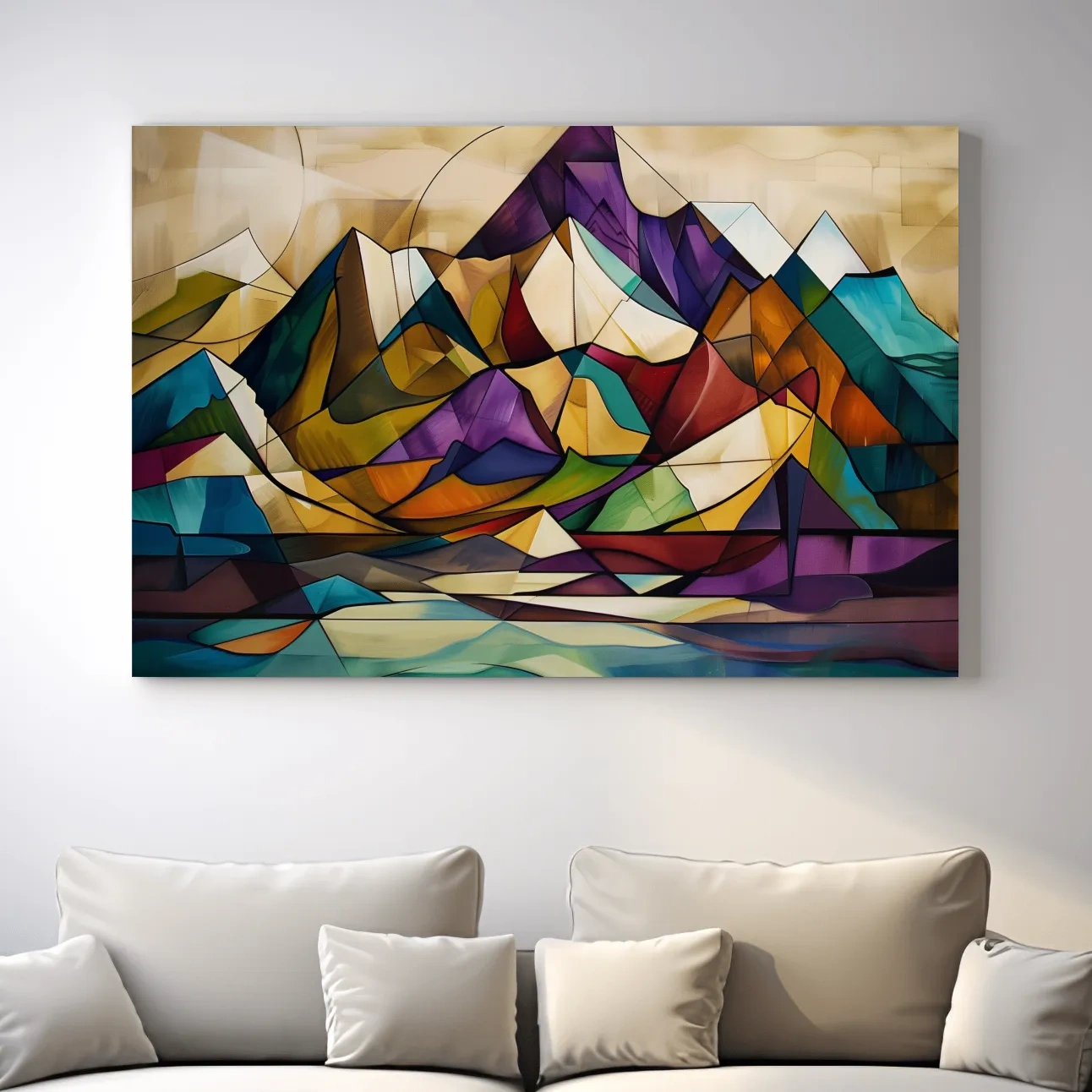Vibrant Leadlight Style Mountain Range Painting - Abstract Colorful Stained Glass Wall Art