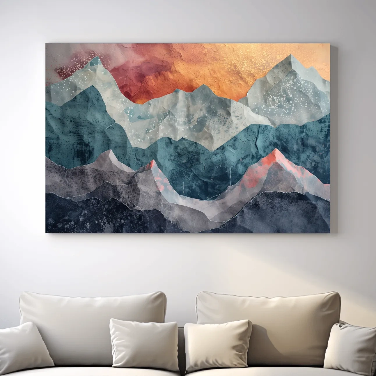 Abstract sunset mountain artwork, 3d textured paper effect