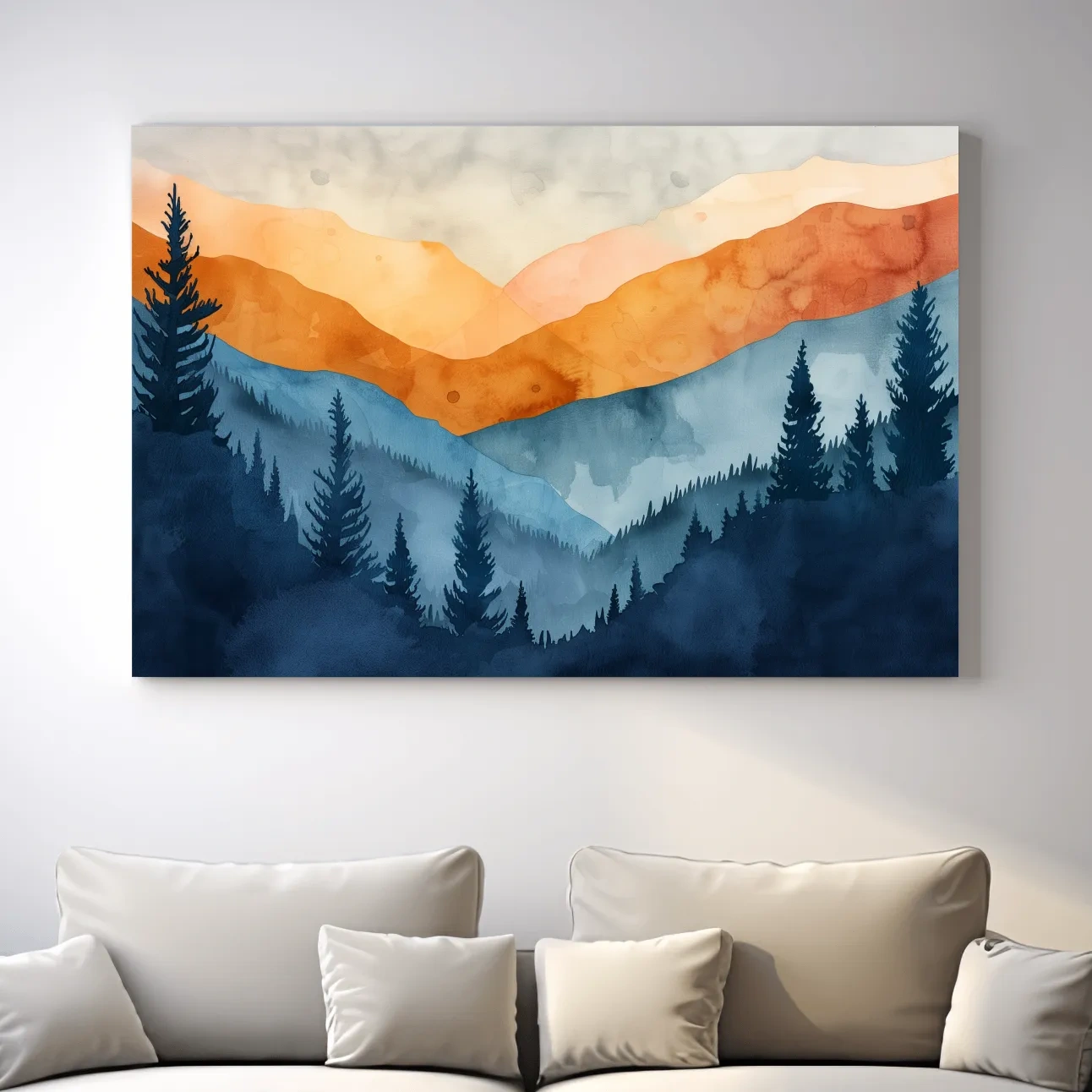 Mountain landscape and forest watercolour painting wall art
