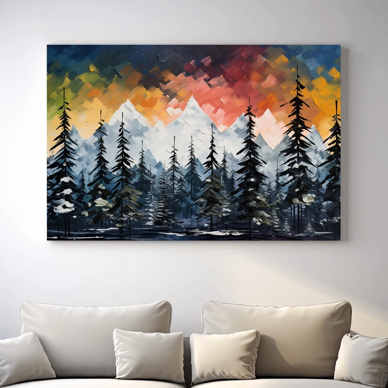 Bold textured palette knife effect impasto sunset mountain painting, treeline in the alpine