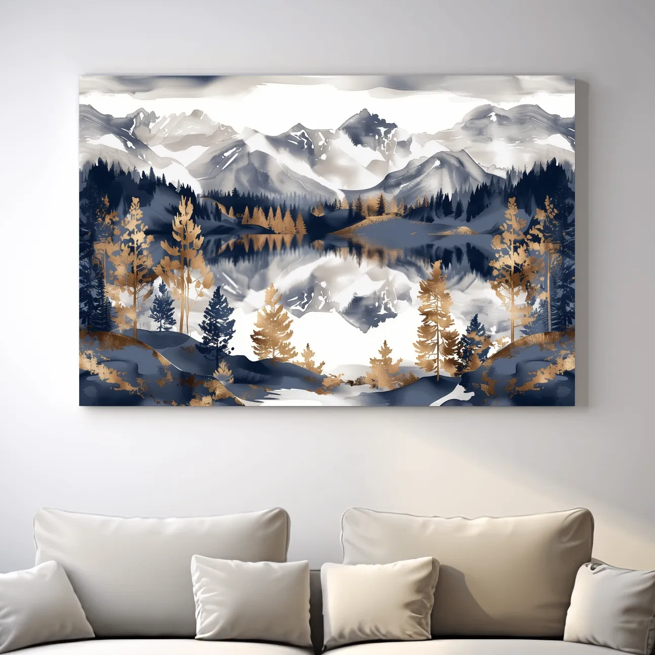 Gold Leaf Style Watercolor Alpine Lake Reflection - Mountain Landscape Artwork