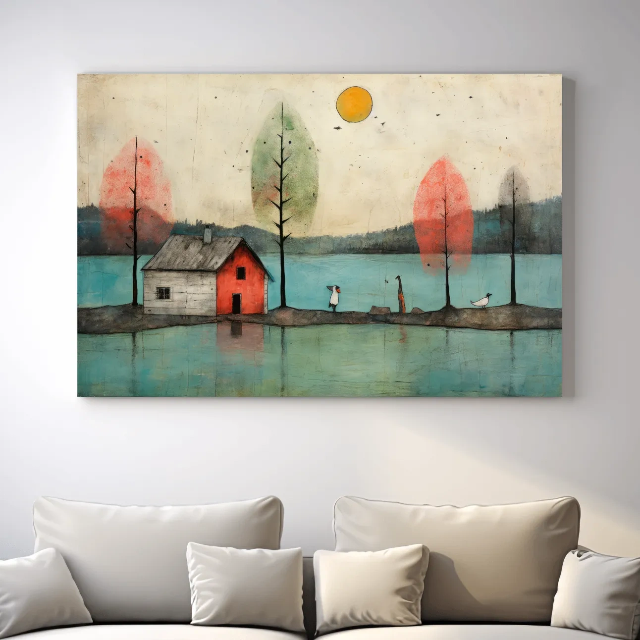 Painting of a quirky cabin on the lake, textured effect