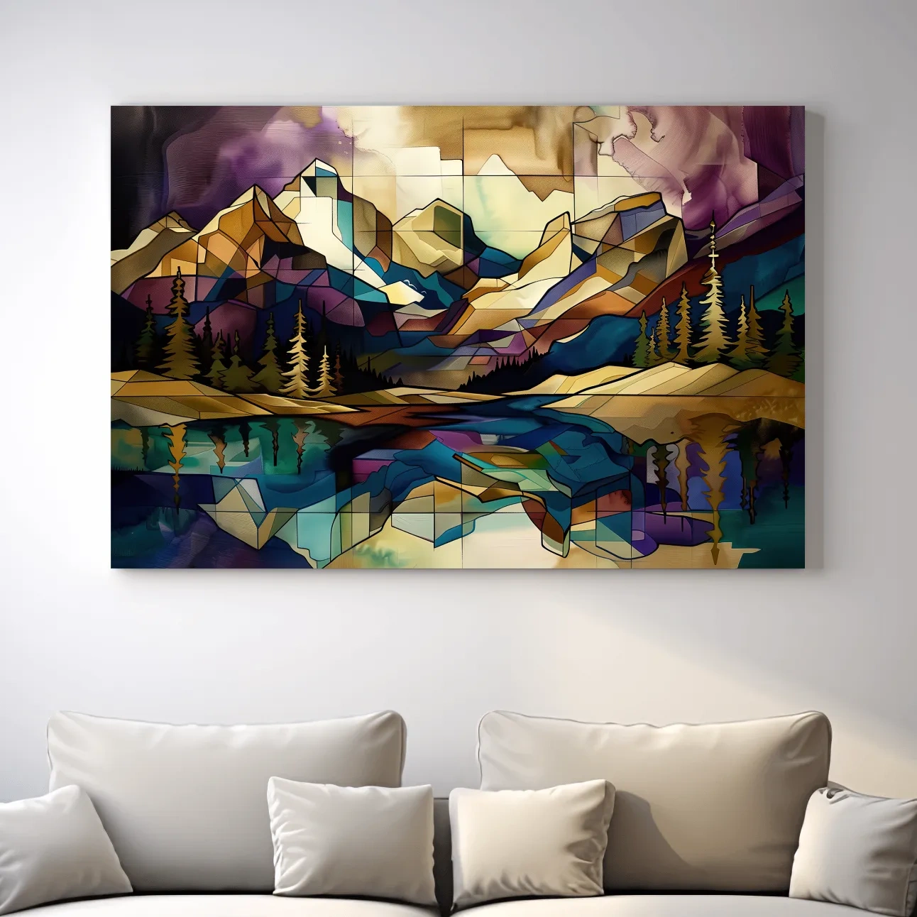 Geometric Stained Glass Mountain Lake Reflection - Colorful Abstract Landscape Artwork