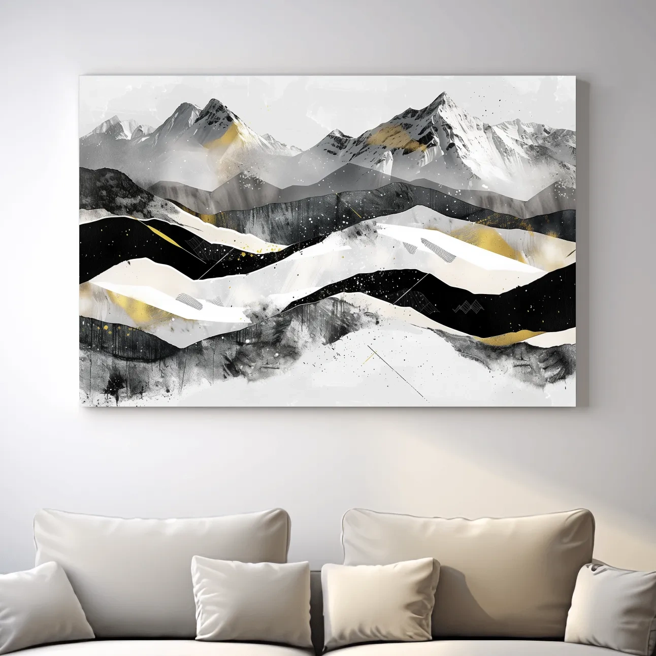 Snow capped mountains, modern black and white abstract artwork