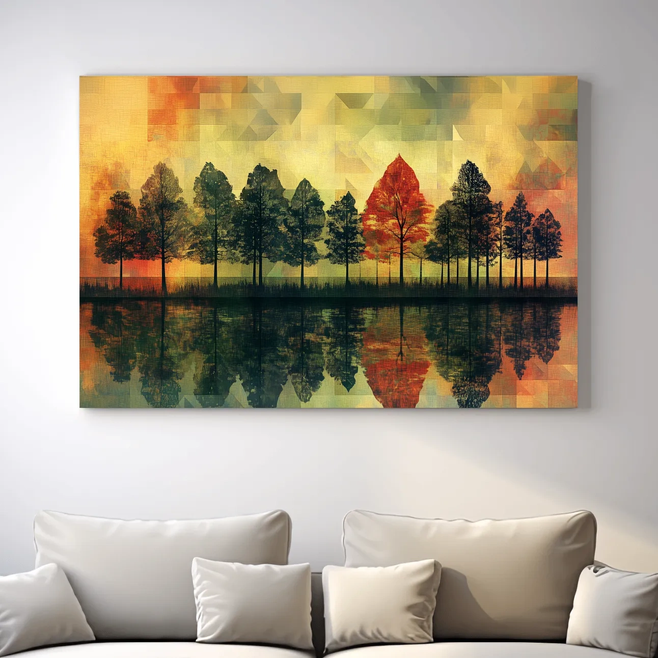 Autumn forest treeline reflections on a lake, mosaic style painting artwork