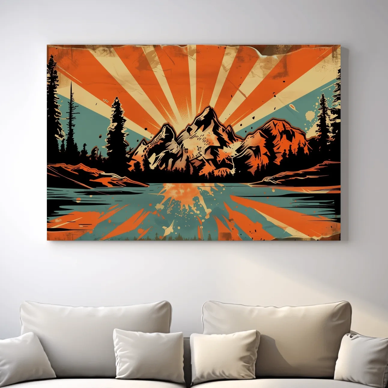 Retro comic book style halftone mountain wall art, sunrise rays from behind a glacier and alpine lake,