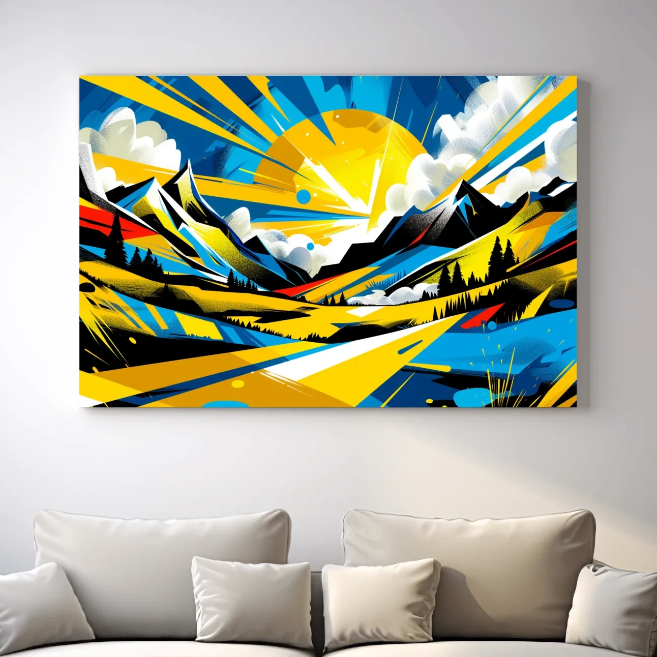 Graffiti style sunset mountain wall art, vibrant bright colorful artwork