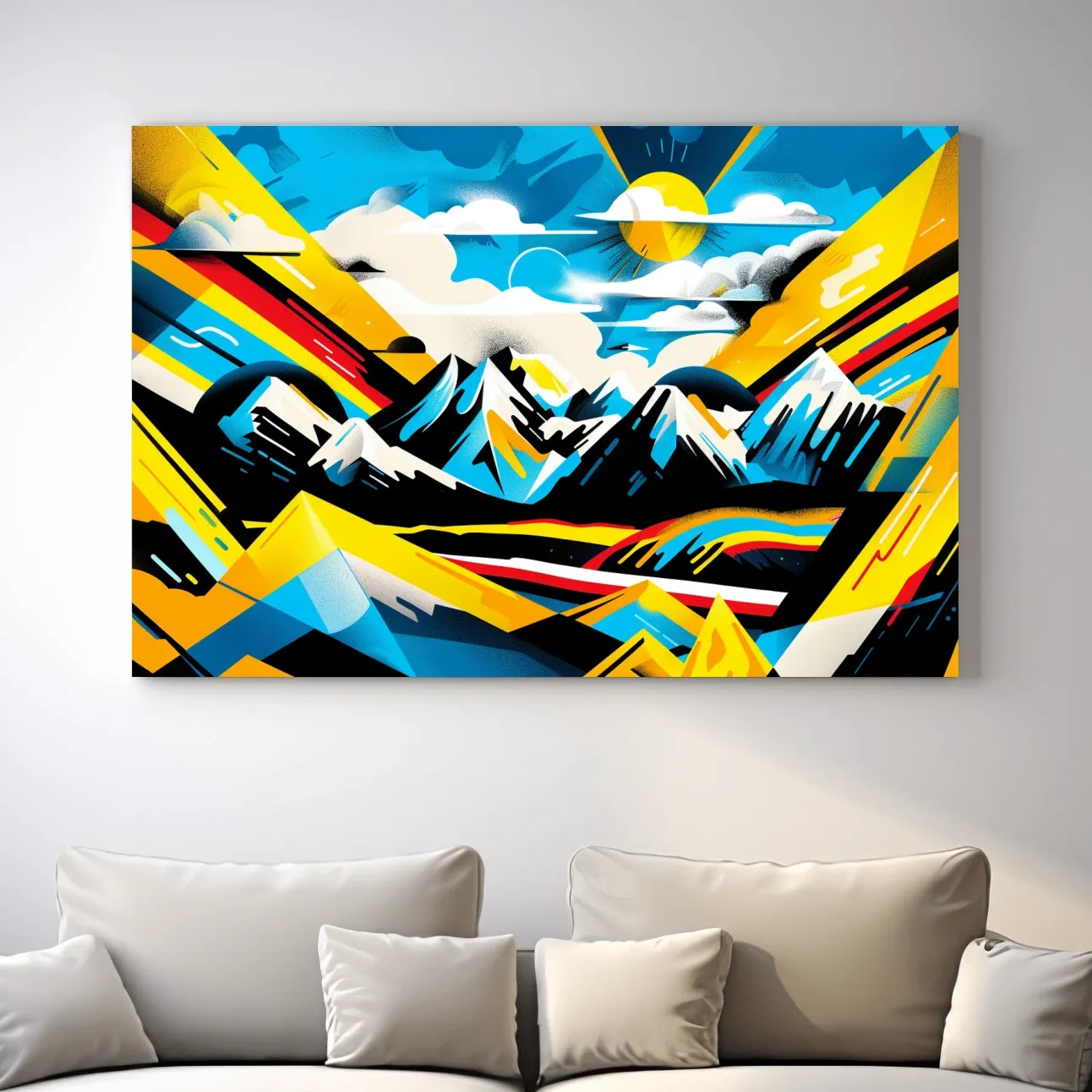Vibrant Colorful Mountain Sunrise Illustration - Graffiti Style Landscape Wall Art