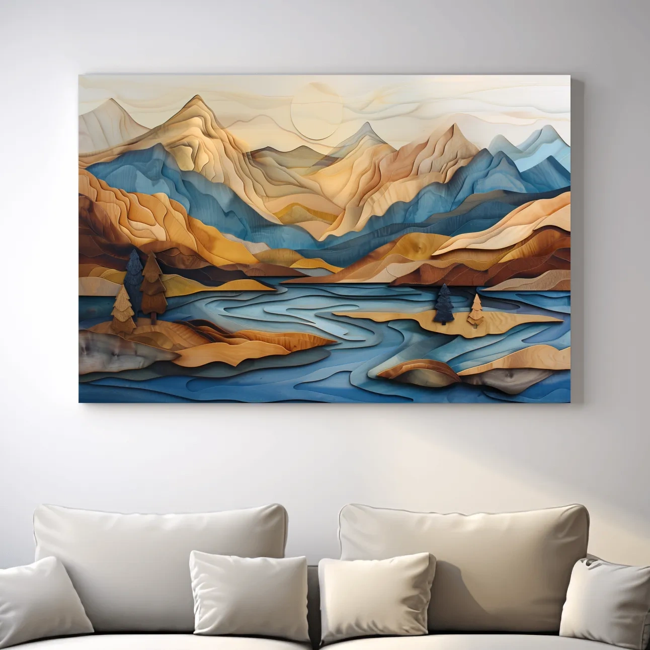Wood Intarsia Style Alpine Mountain Lake Landscape - Modern Abstract Wall Art