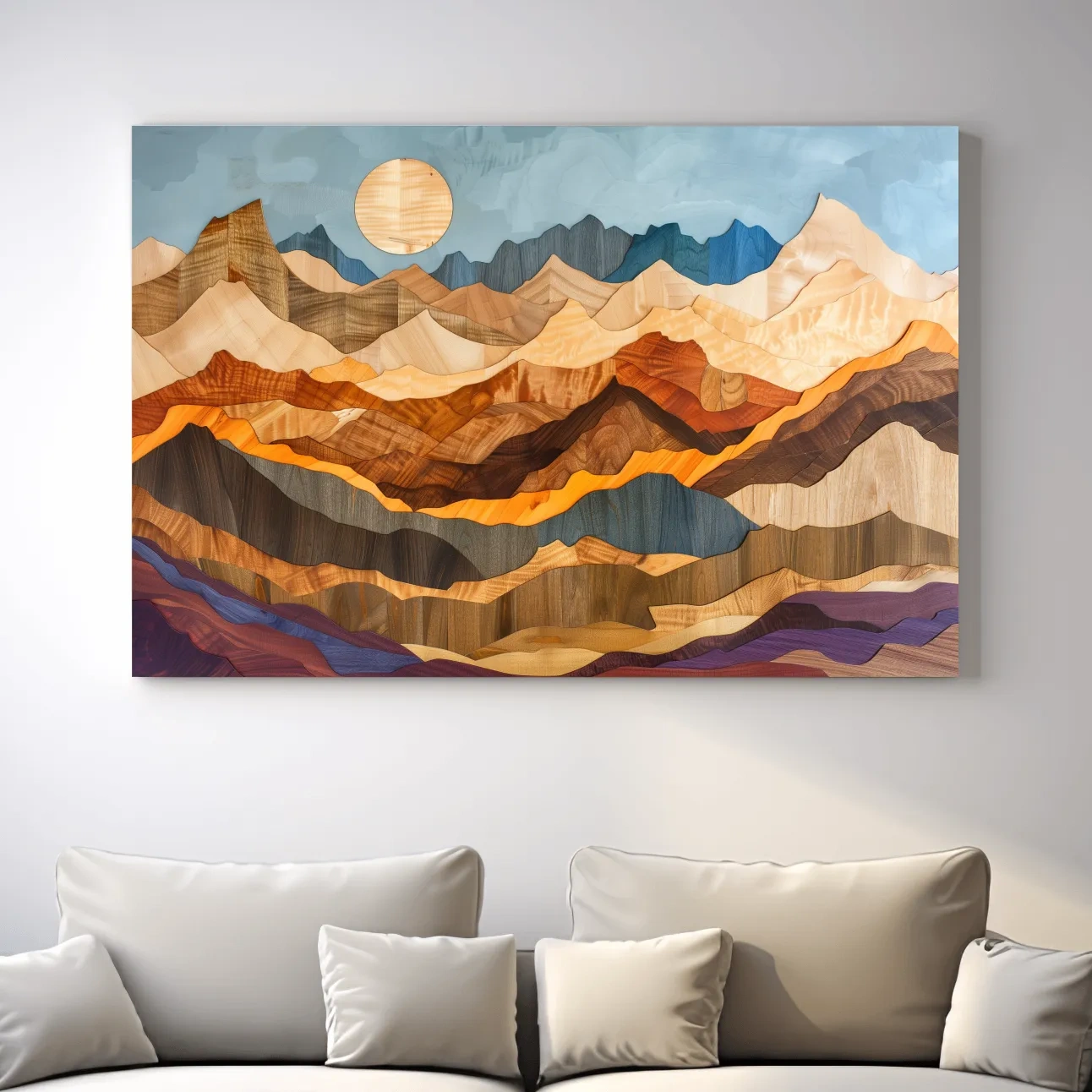 Colorful mountain patterns, 3d layered effect wood intarsia style canvas art