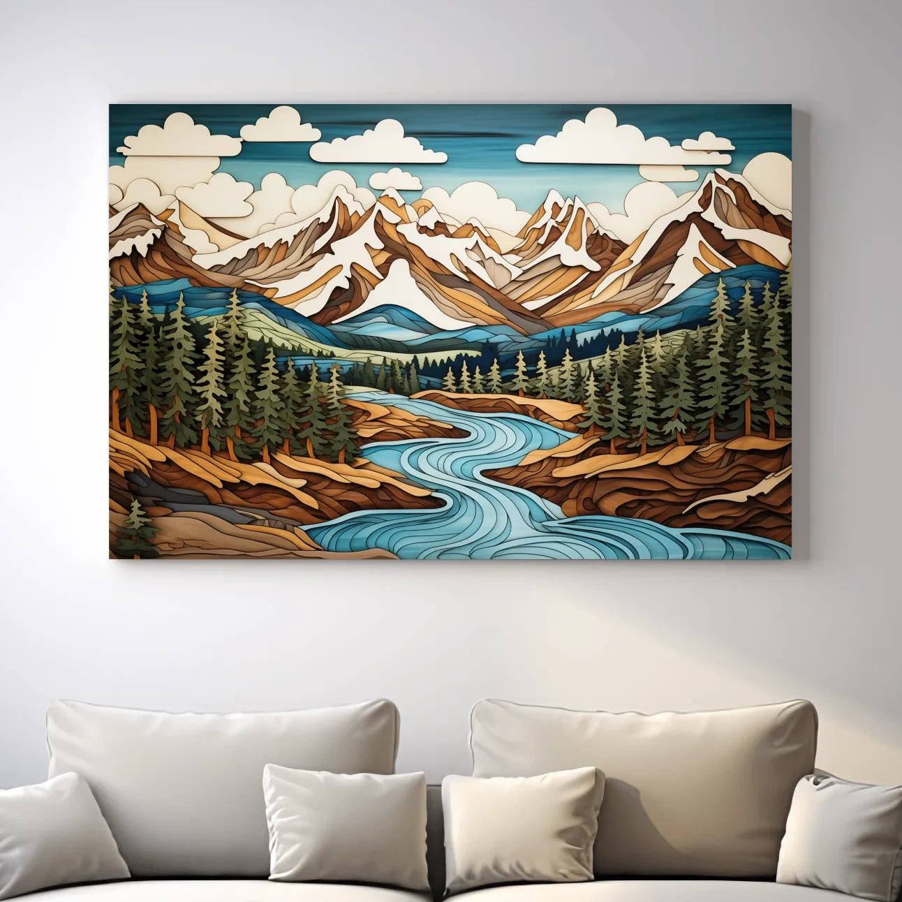 Intarsia style artwork of a mountain, river and forest landscape