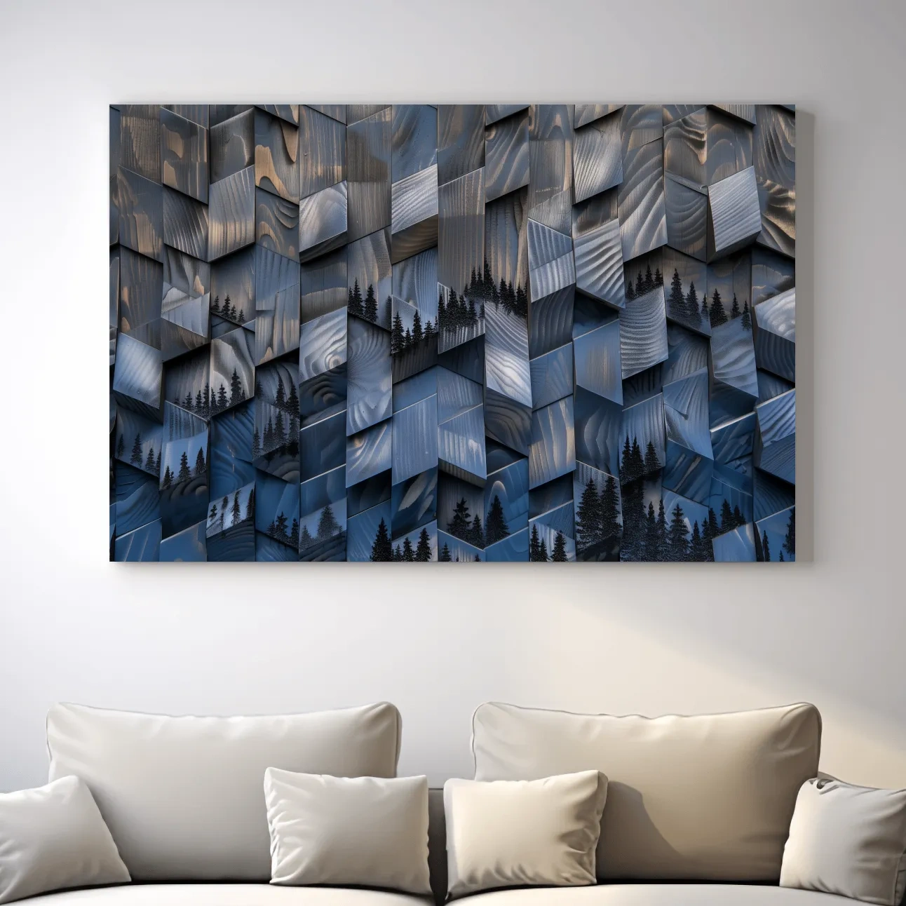 Alpine tree artwork, fragmented geometric wooden cubes pattern, 3d depth effect