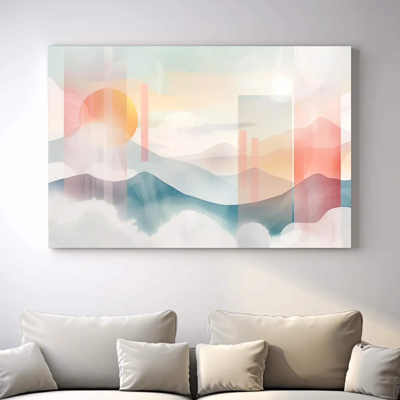 Mountains at sunset, soft pastel watercolor painting wall art