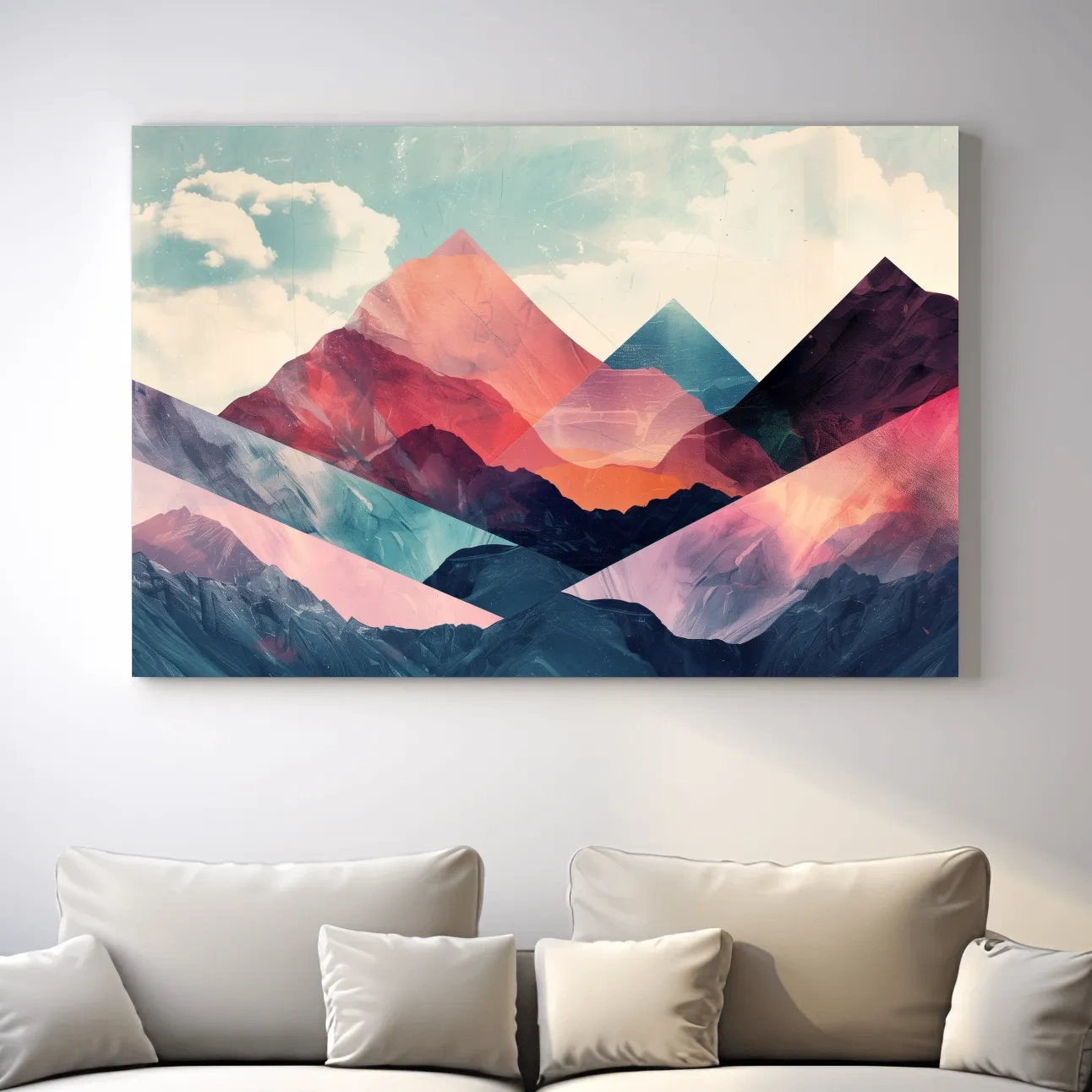 Vibrant colorful mountain wall art, mixed media collage effect