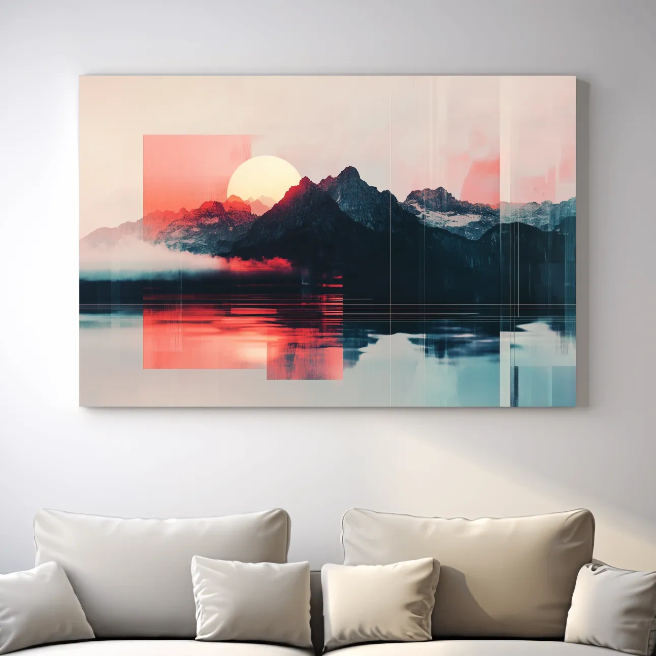 Abstract Alpine Mountain Sunset Reflection - Modern Geometric Glitch Wall Art