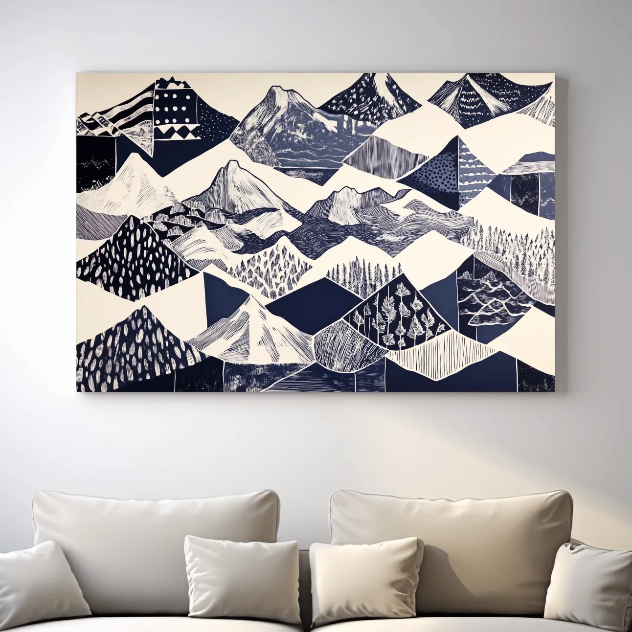 Linocut Patchwork Mountain Range Illustration - Modern Landscape Artwork
