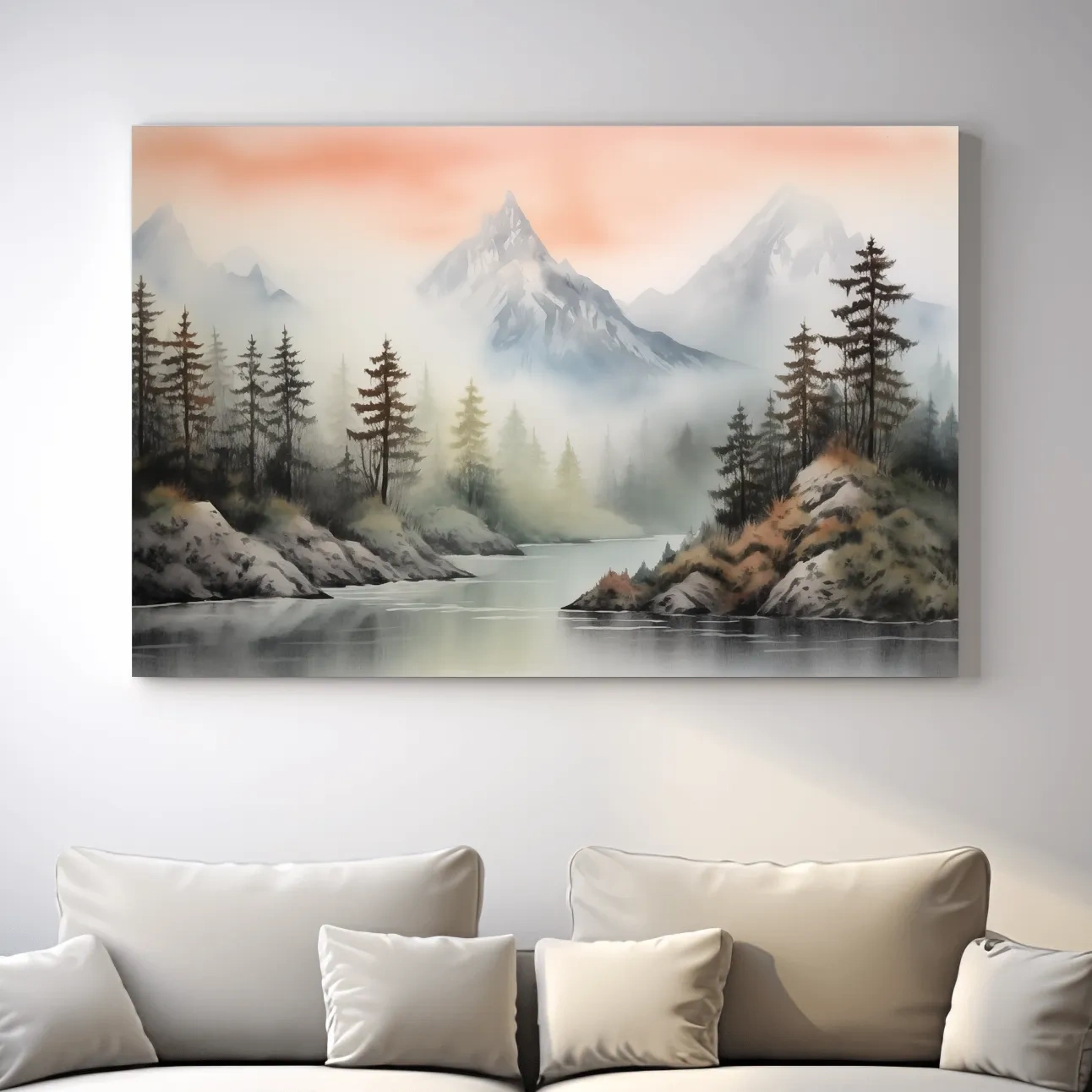 Misty Watercolor Mountain Lake Landscape - Serene Pine Forest Wall Art