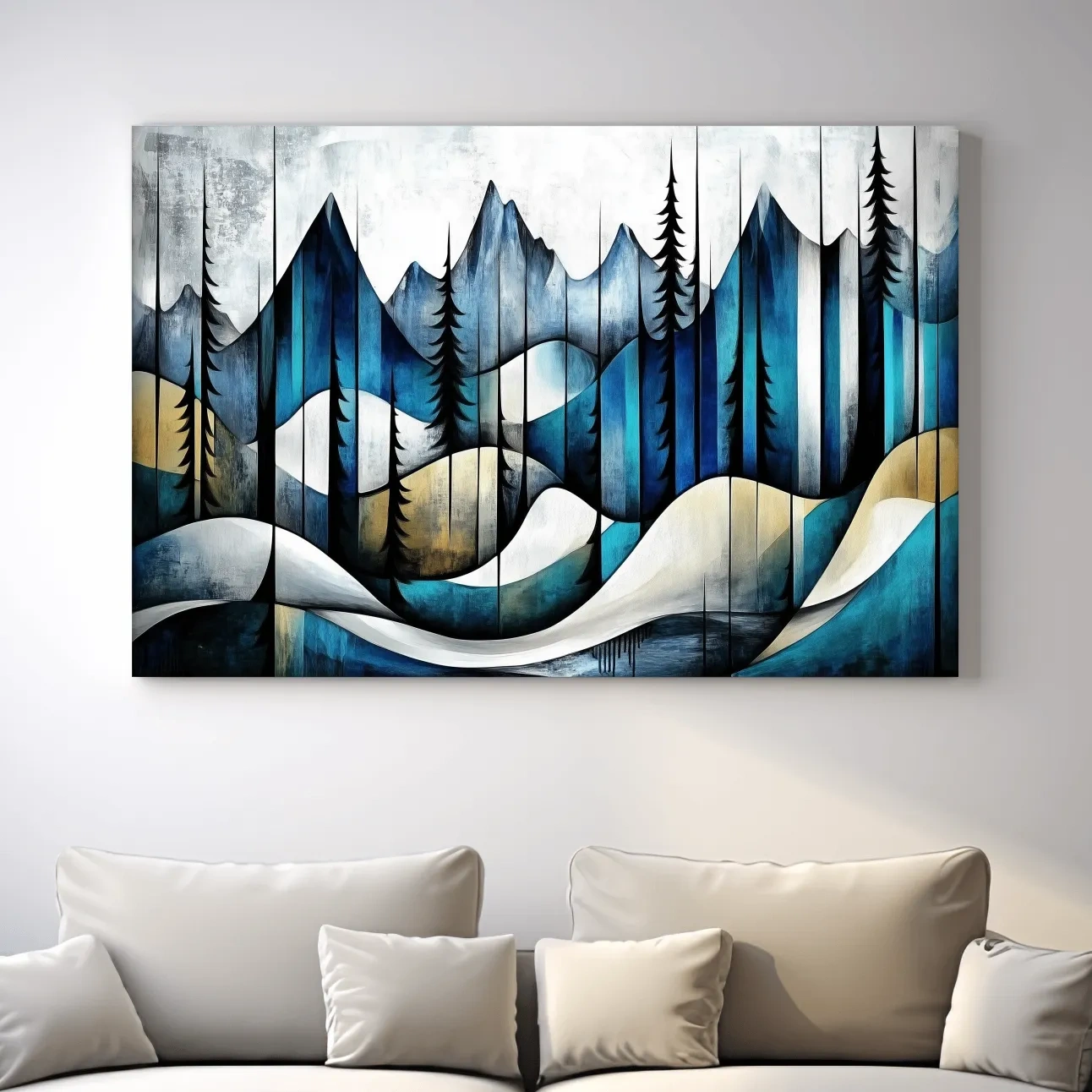 Abstract mountain painting, trees in the alpine, textured effect