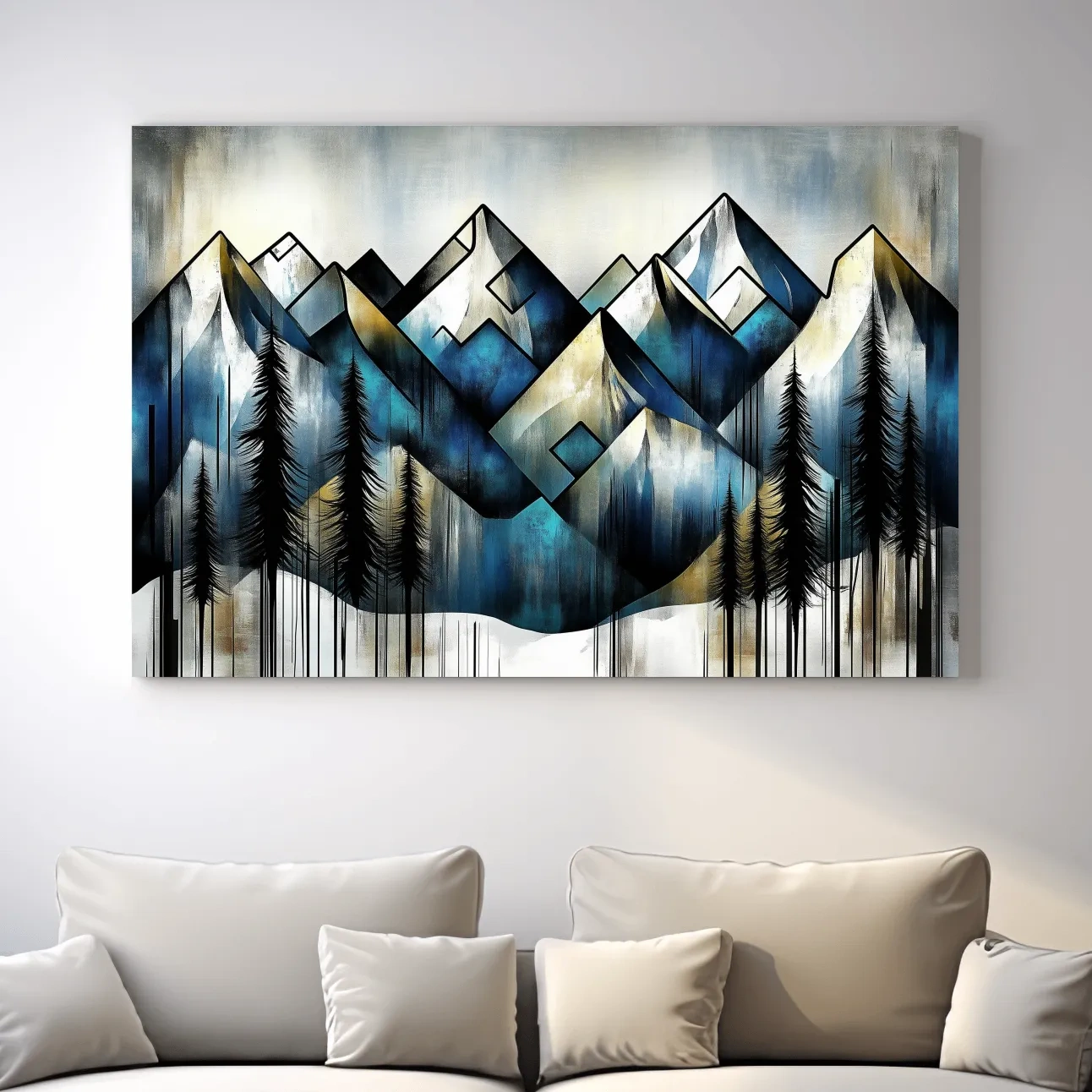 Geometric Mountain Peaks With Pine Trees - Modern Abstract Landscape Artwork