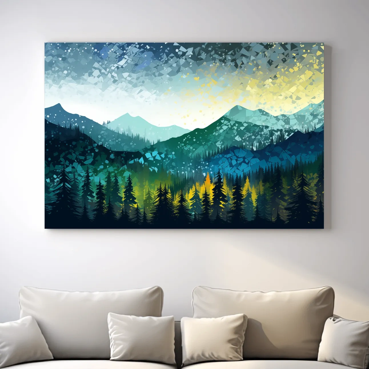 Vibrant forest and mountain art, abstract pointillism