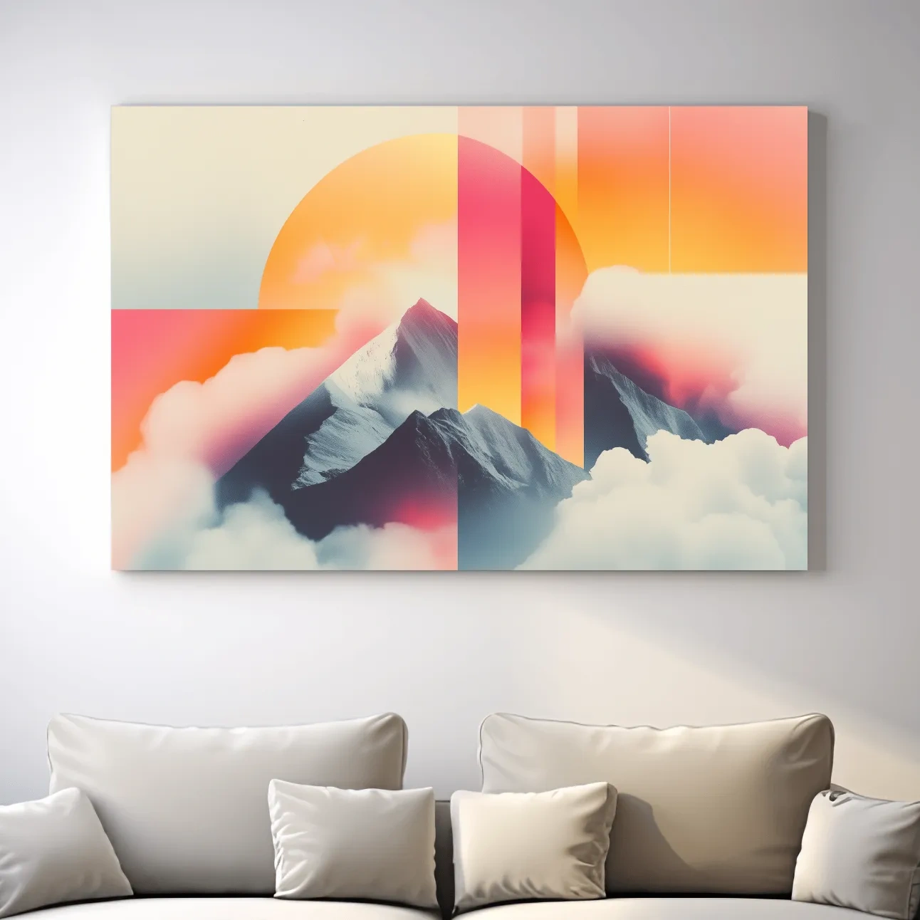 Retro style mountain wall art, sunset in the clouds