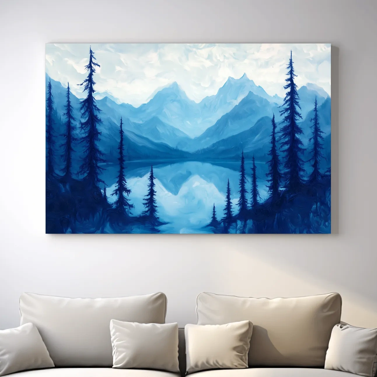 Oil painting artwork, view over an alpine lake in the mountains