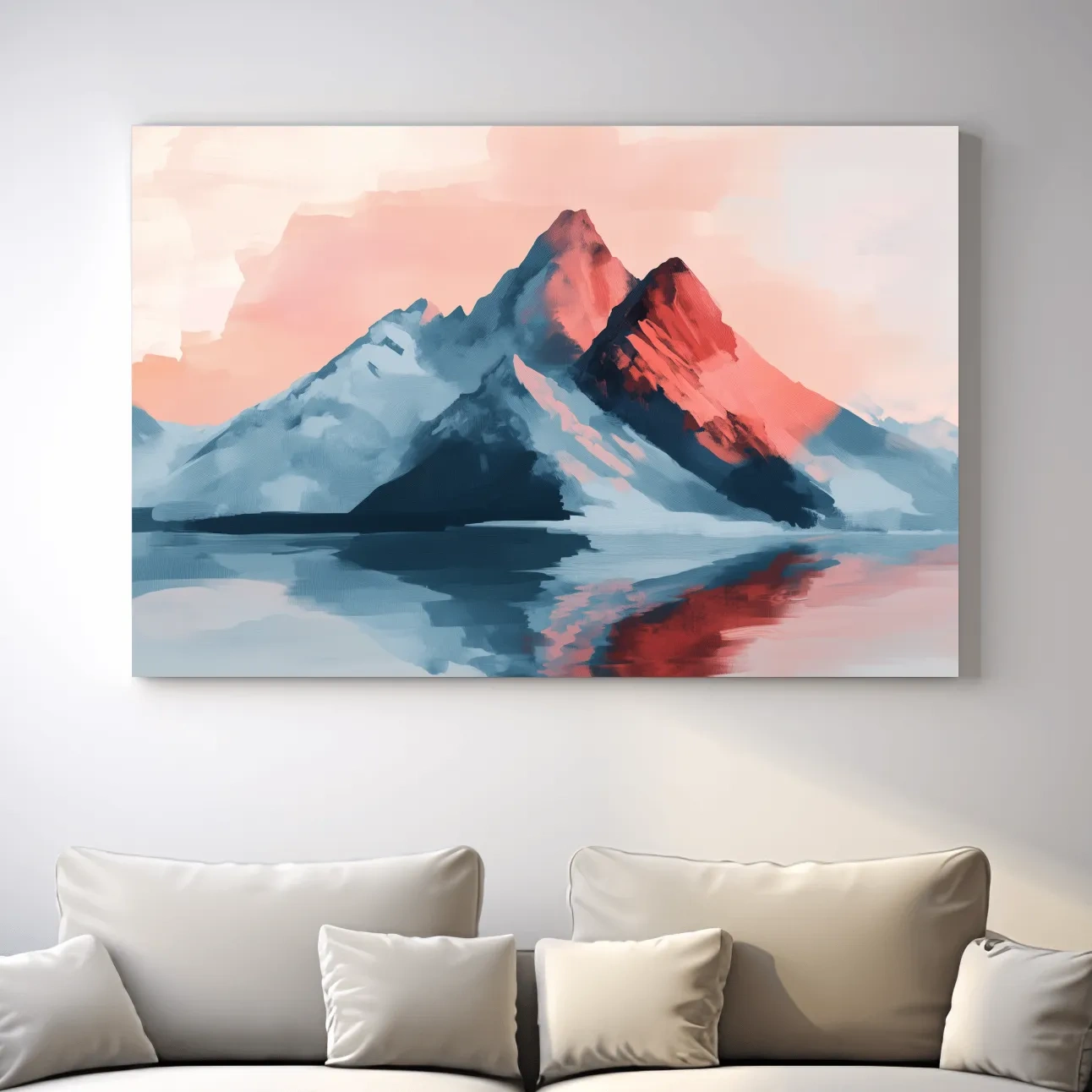 Pastel mountain painting at sunset, glacier reflecting on a lake