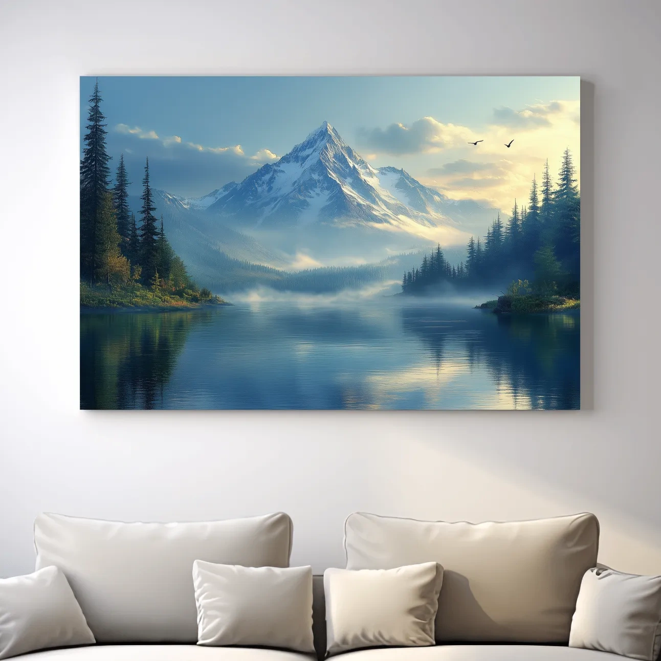 Beautiful misty alpine lake and forest beneath a glacier at sunset, photographic wall art