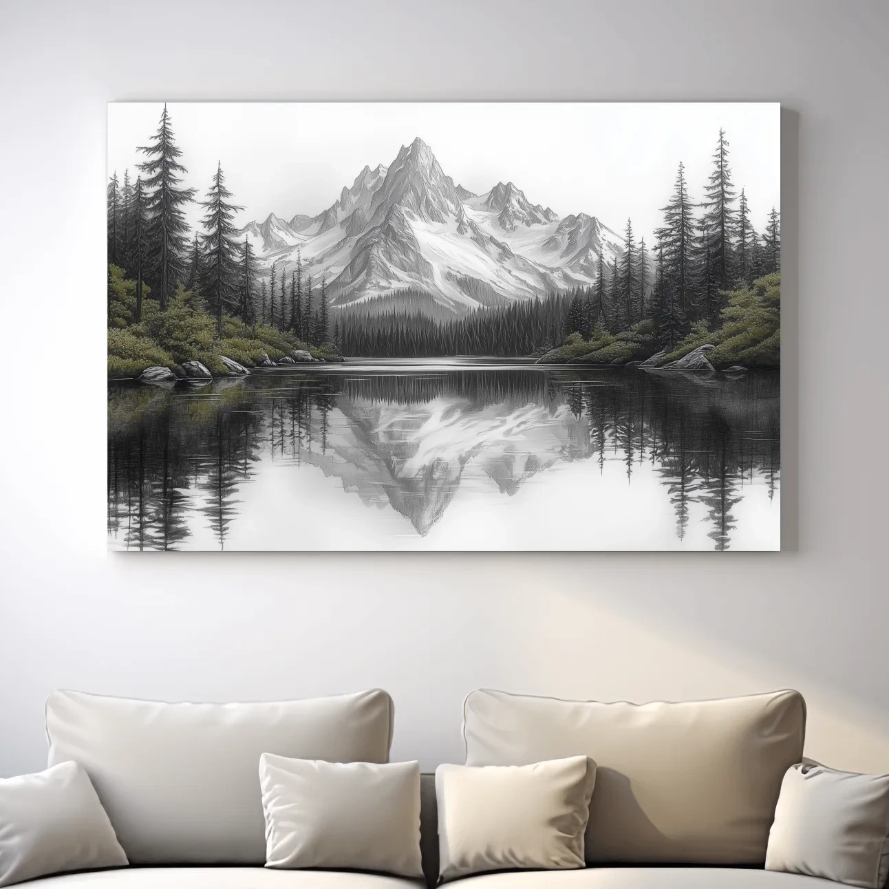 Alpine drawing artwork, lakeside forest under a glacier