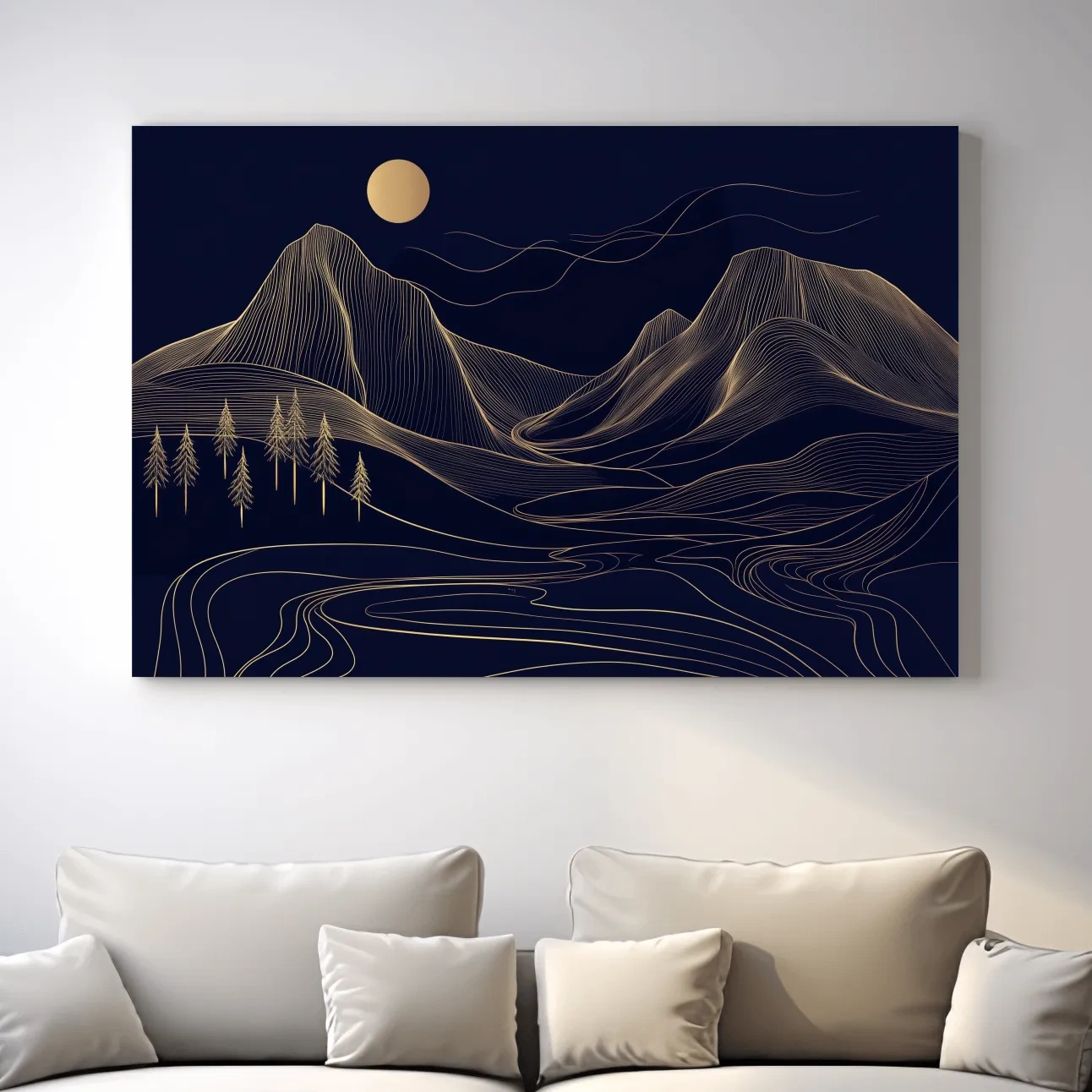 Elegant mountain wall art, gold contour line artwork style