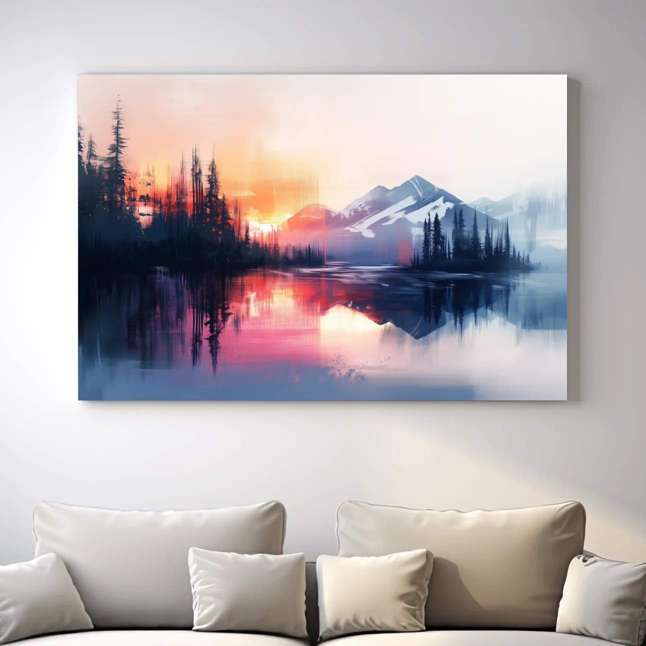 Textured painting wall art, sunset over alpine mountains, lake and forest
