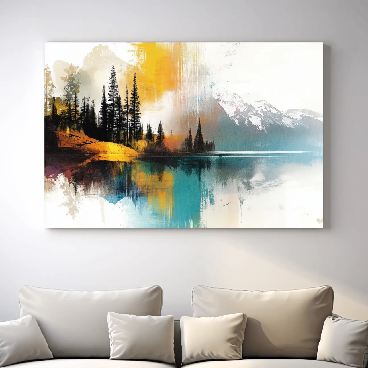 Colorful Abstract Mountain Lake Reflection Painting - Forest Landscape Wall Art