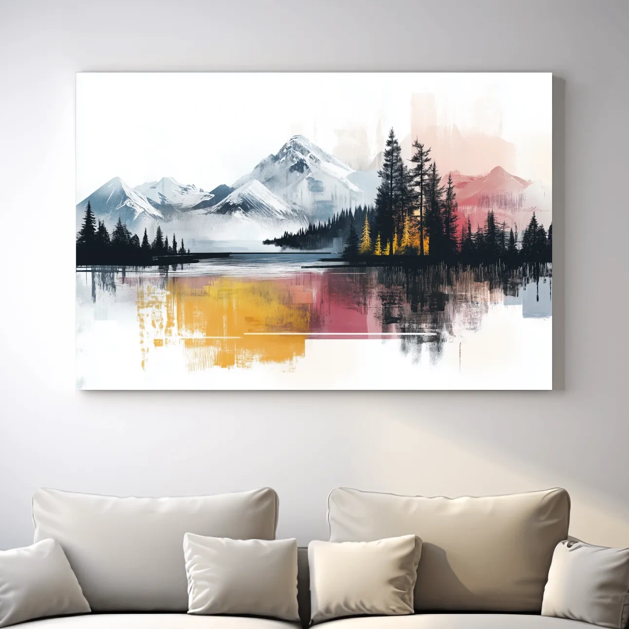 Colorful abstract mountain painting, glacial lake and forest wall art