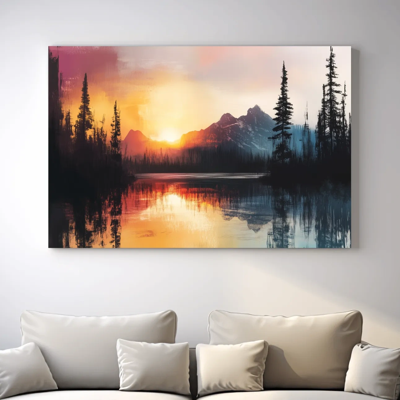 Abstract mountain art painting, sunset over a lake and forest