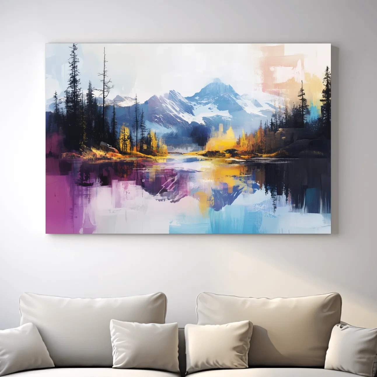 Vibrant Abstract Mountain Lake Reflection Painting - Colorful Modern Landscape Wall Art
