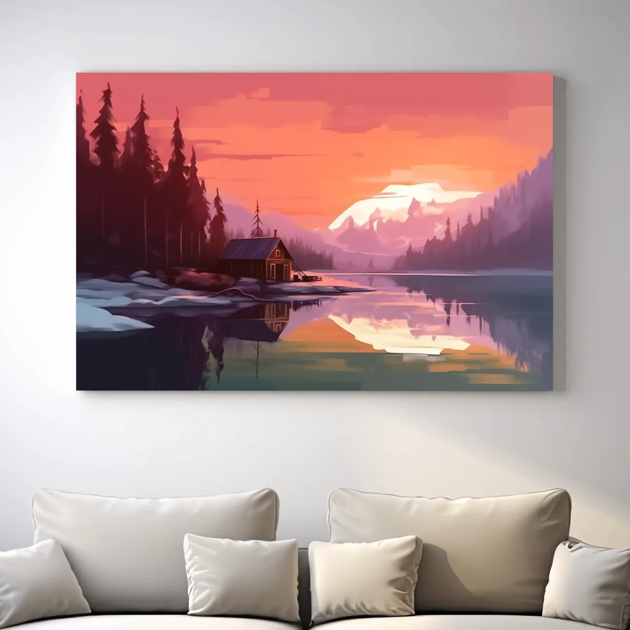 Mountain art painting, cabin by a lake at sunset