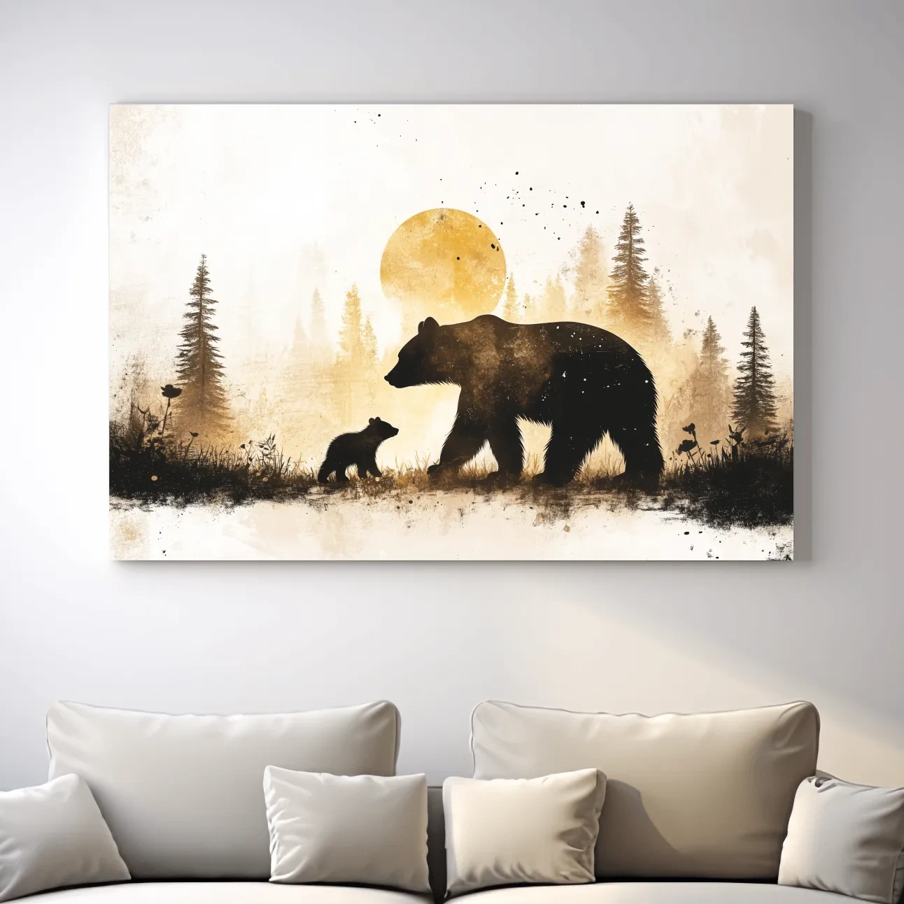 Momma bear and her cub in the forest, textured illustration wall artwork