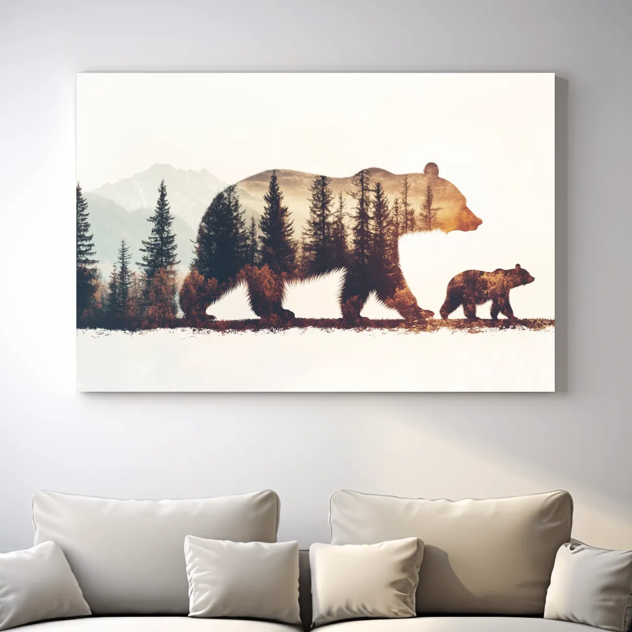 Double exposure forest wall art, momma bear and her cub