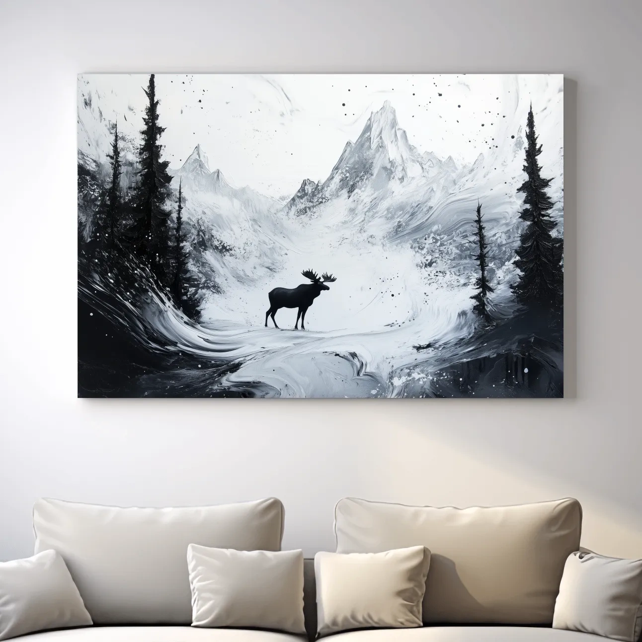 Moose in the alpine meadows, abstract black & white painting