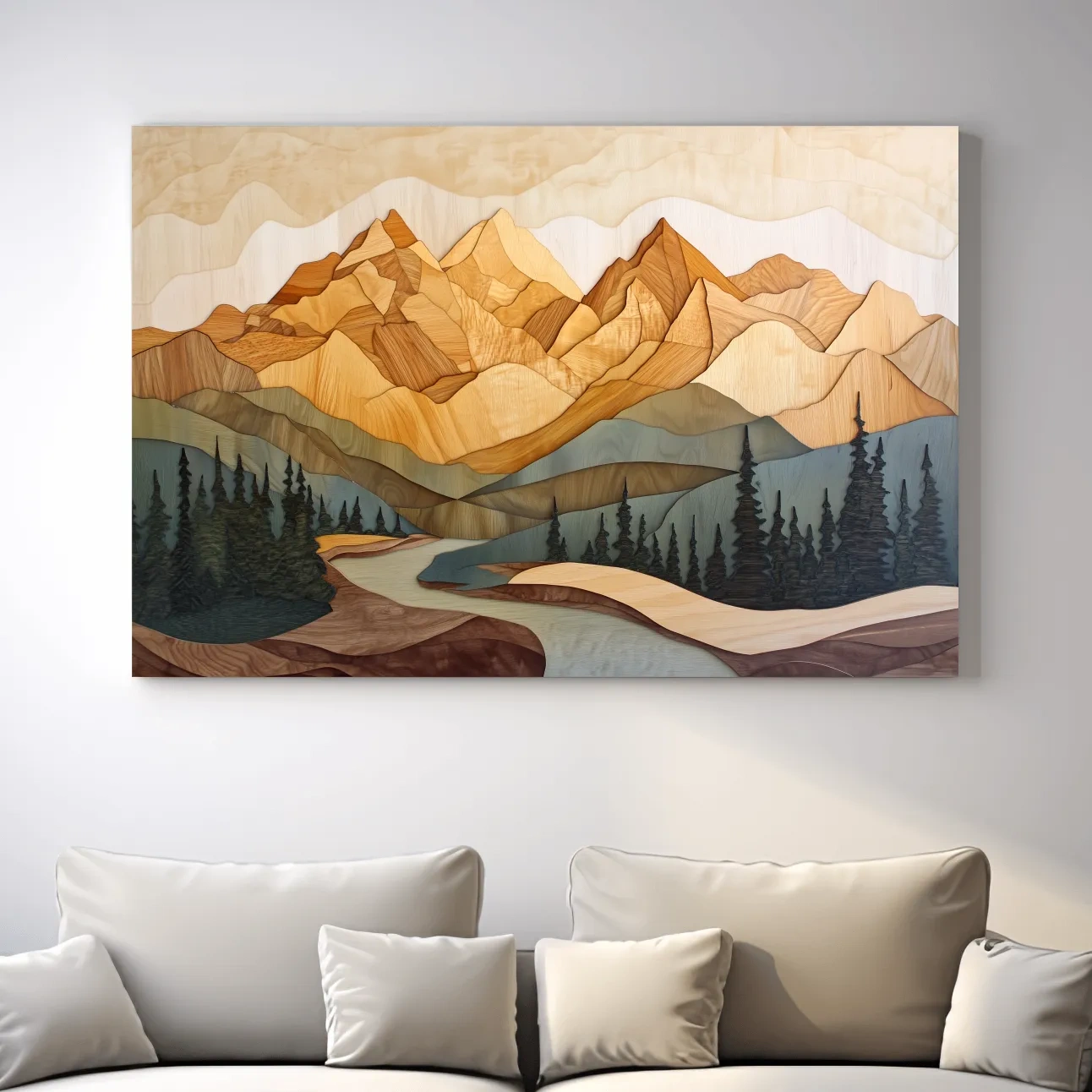 Alpine forest mountain artwork, 3d layered wood intarsia style art
