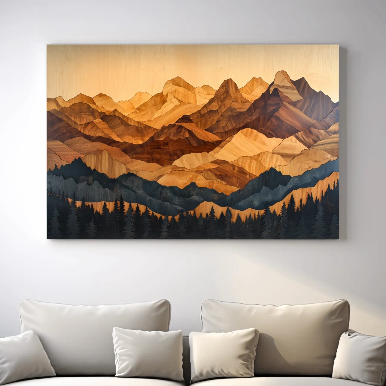 Layered Woodcut Intarsia Mountain Range Landscape - Peaks And Pine Forest Wall Art