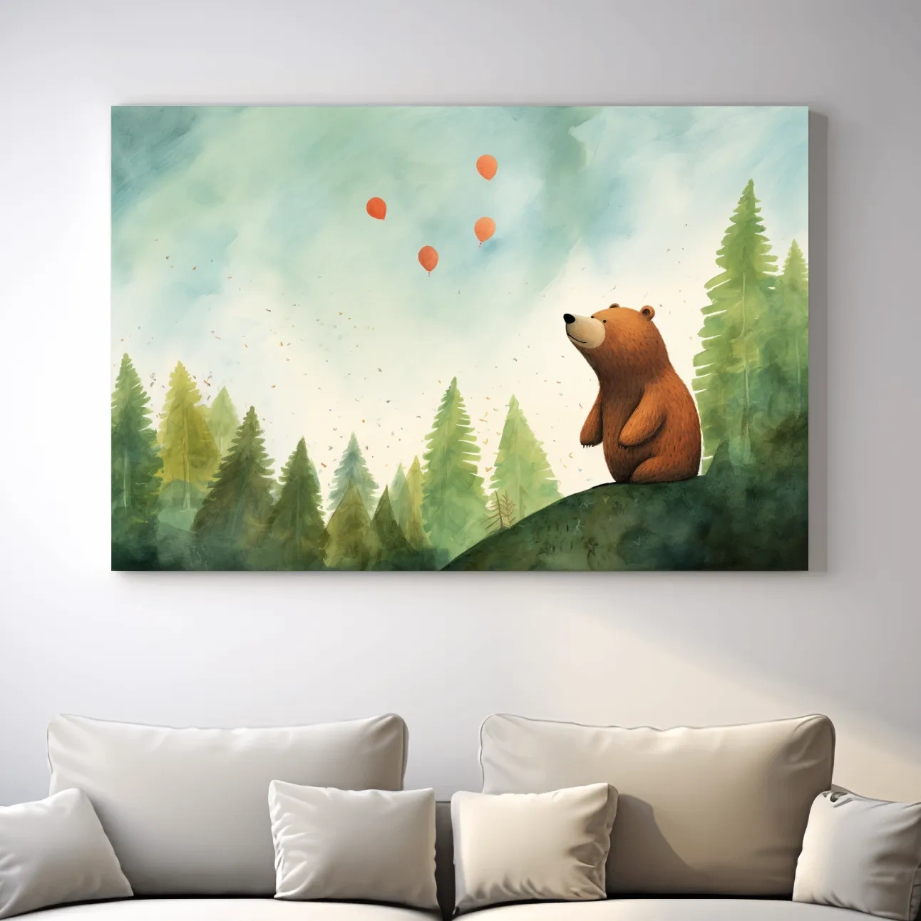 Whimsical Watercolor Bear Watching Balloons - Cute Nursery Forest Wall Art