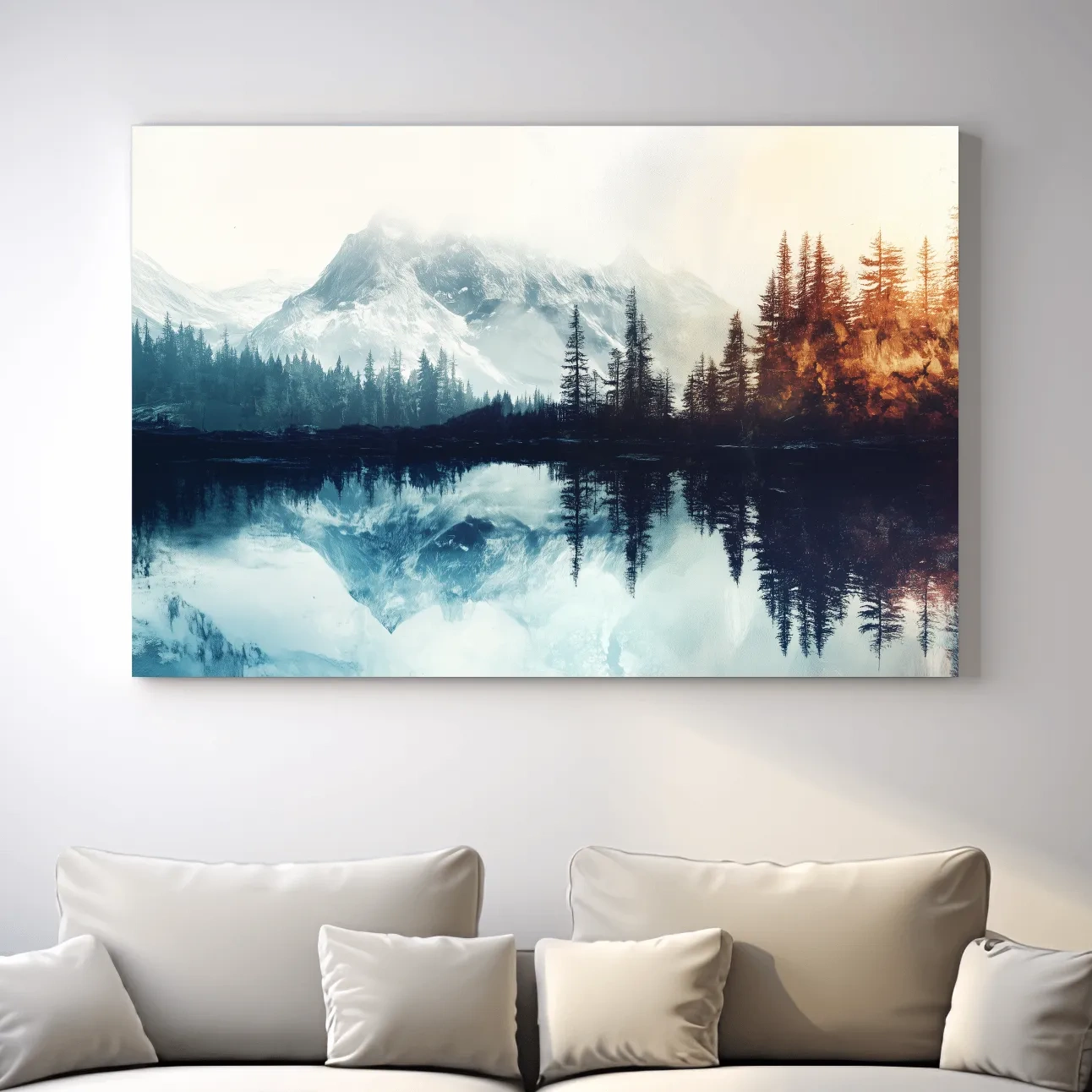 Mountain wall art, foggy glacial lake and forest in fall, textured painting effect