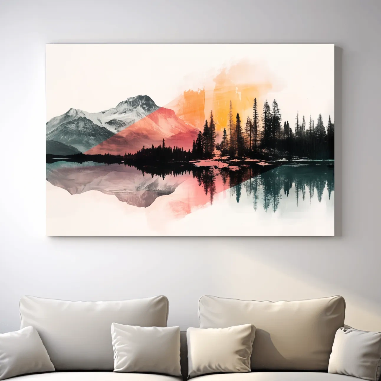 Modern abstract mountain wall artwork painting, glacial lake and forest, vibrant textured style