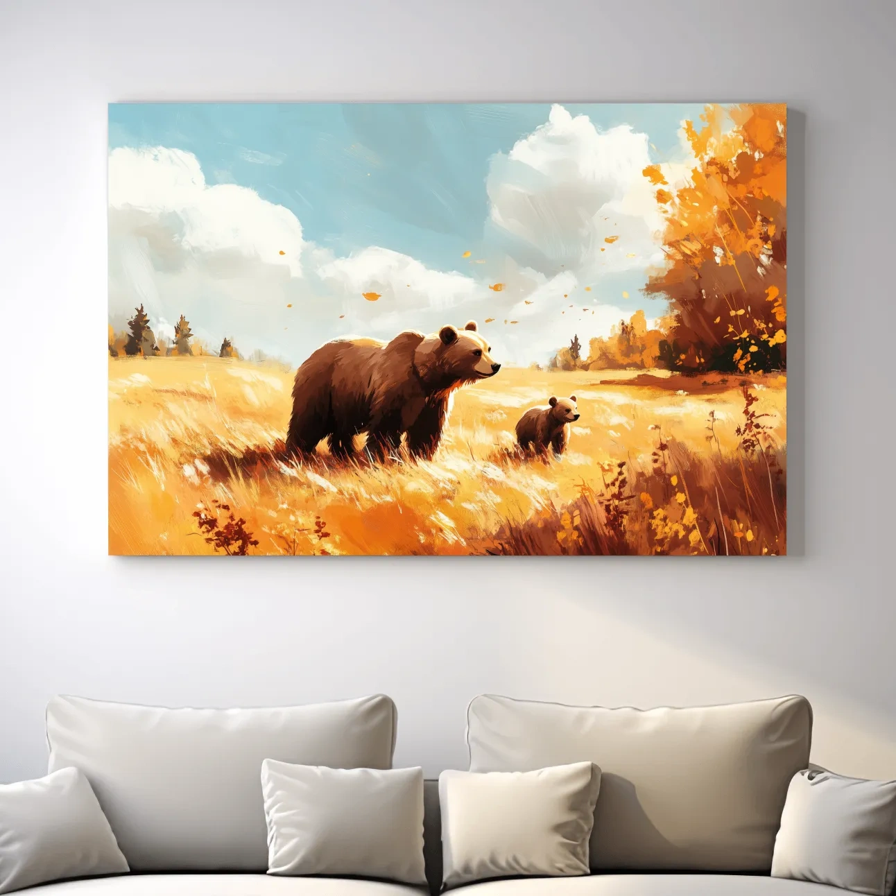 Autumn wildlife wall art, mother bear and cub in a golden meadow, painterly and impressionism style