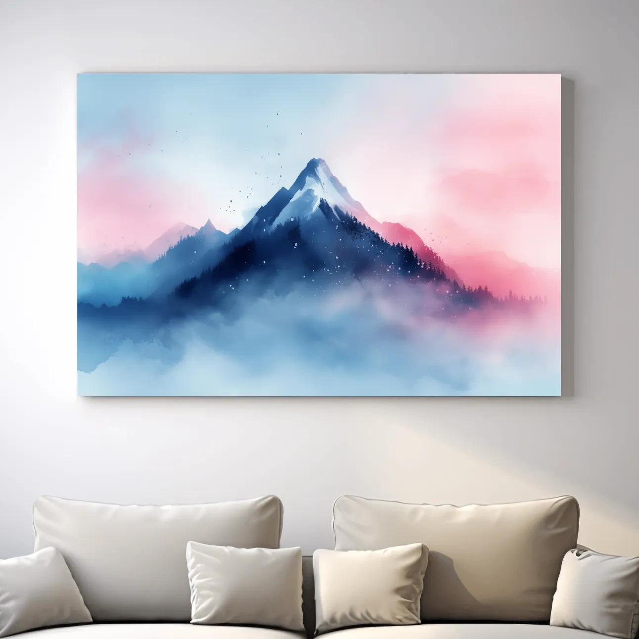 Dreamy mountain painting artwork, glacial peaks above the clouds in pastel hues