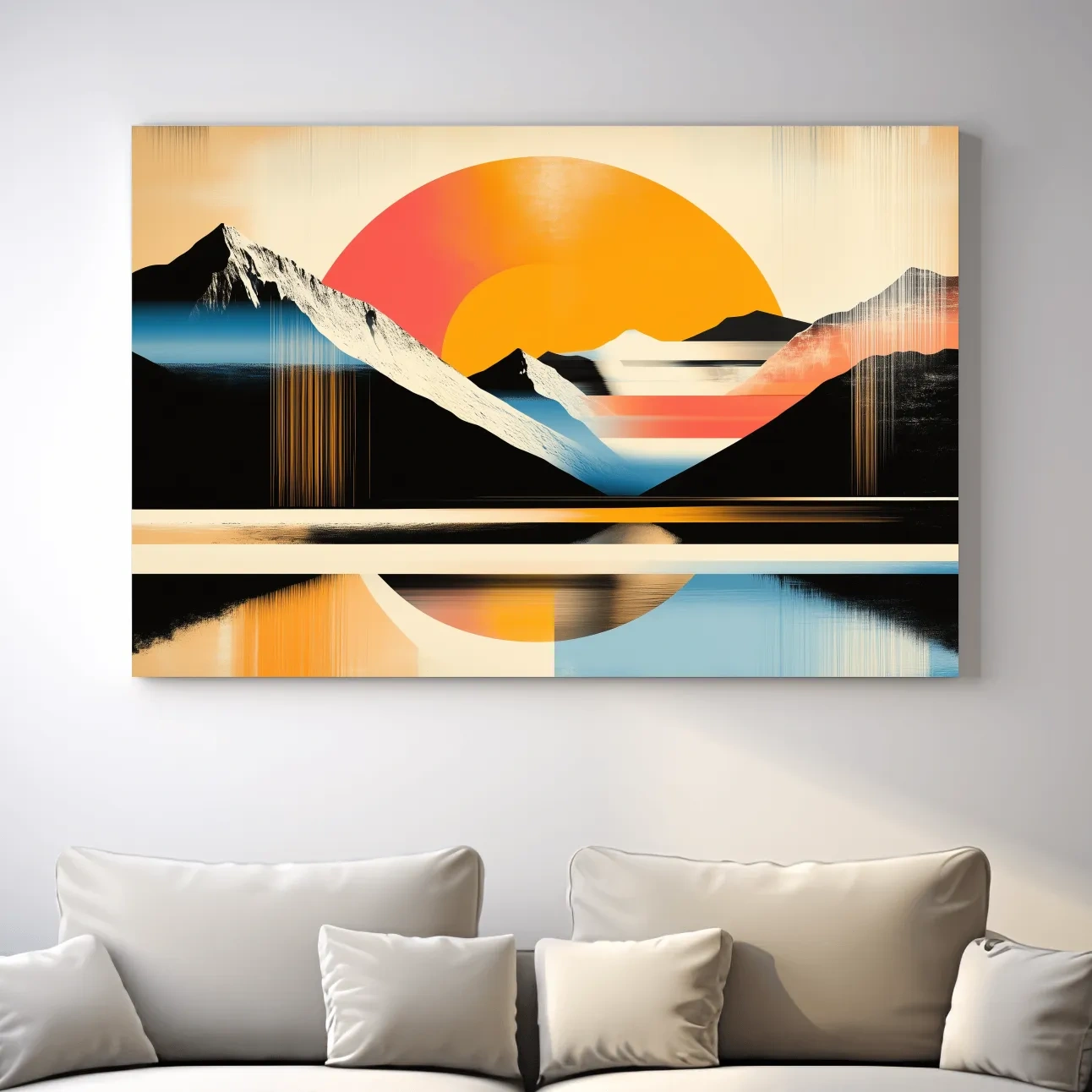 Retro Abstract Alpine Lake Sunset Artwork - Geometric Landscape Wall Art