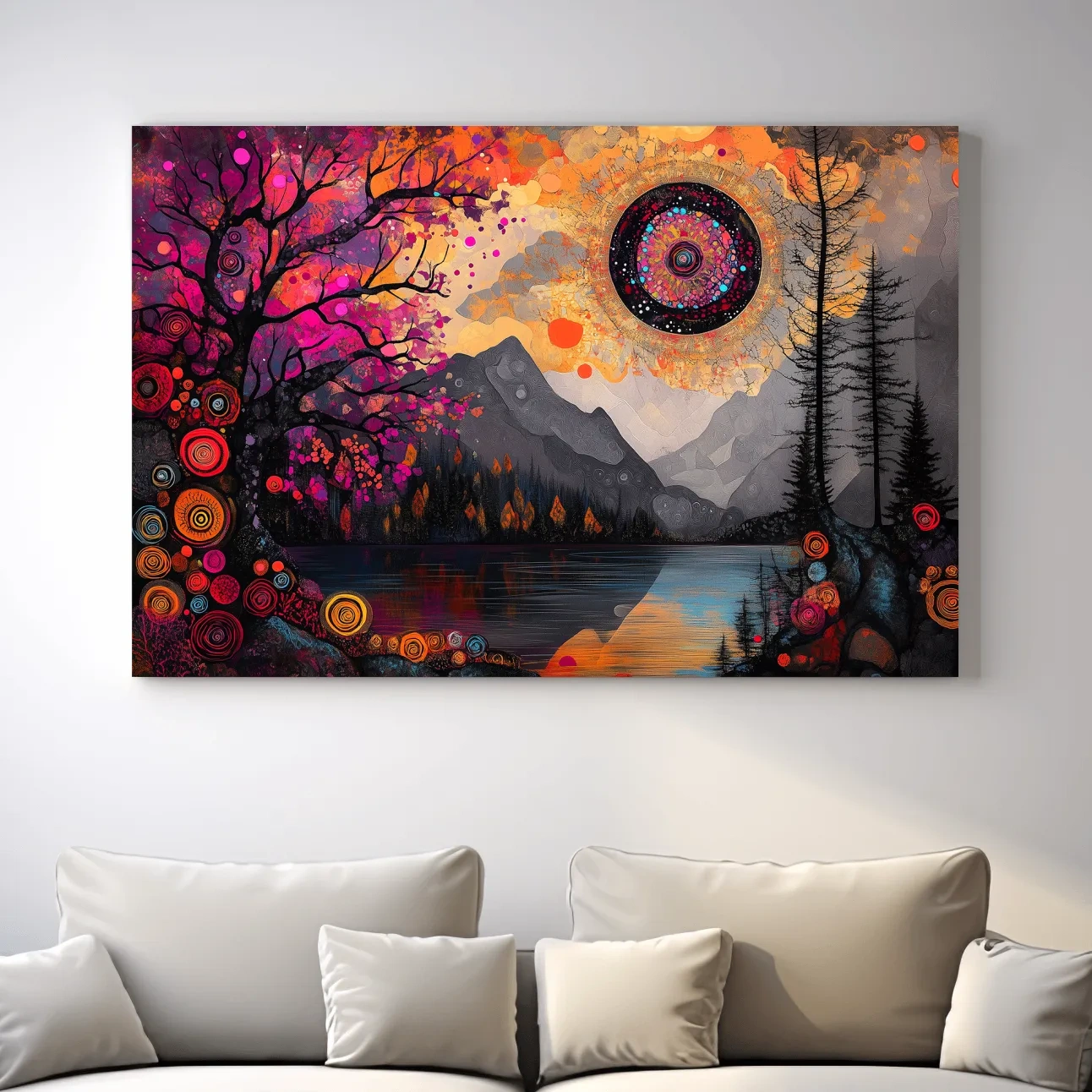 Psychedelic Mountain Lake Sunset Mandala - Vibrant Surreal Landscape Wall Art