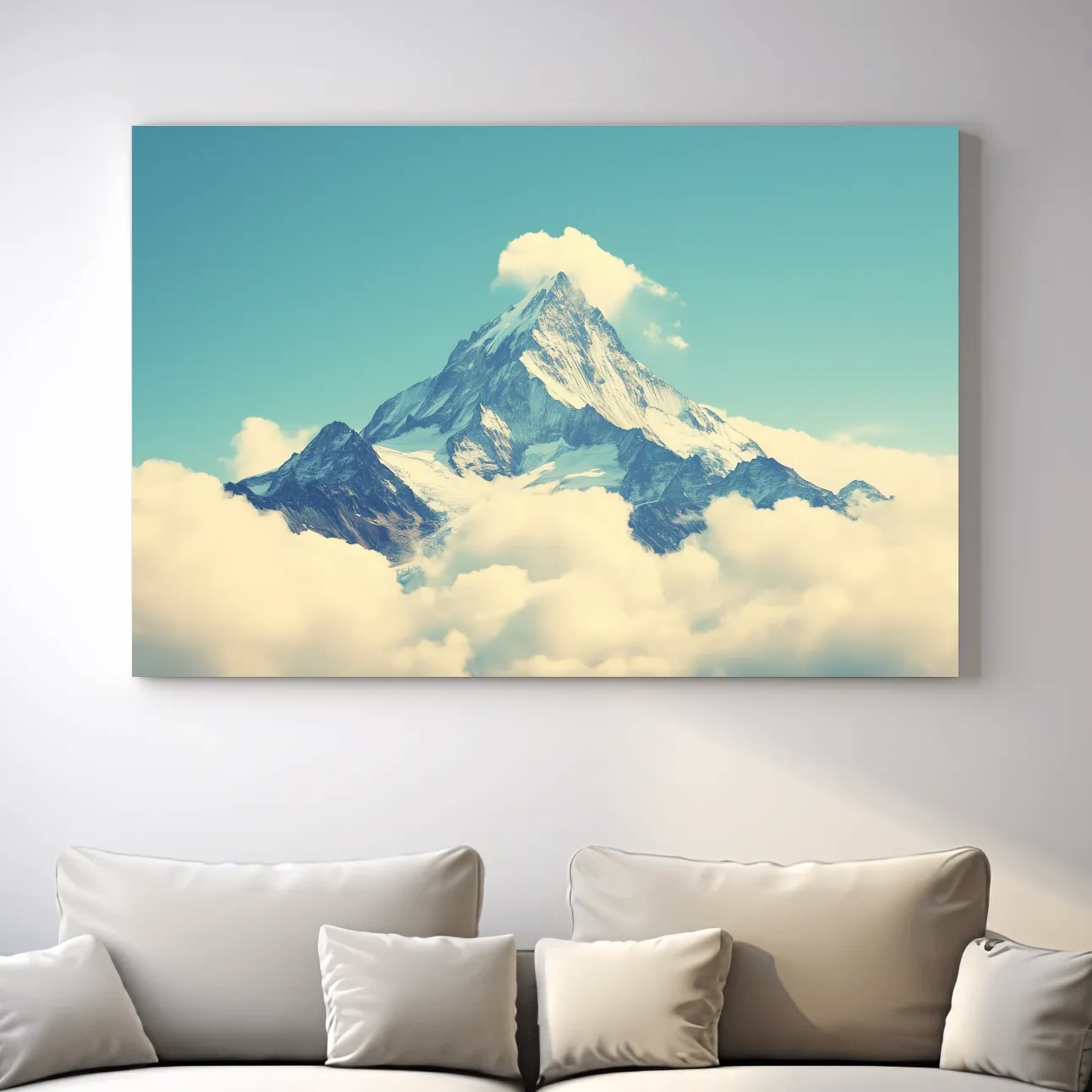 Minimal painting of a mountain peak emerging through clouds, serene artwork with soft blue sky